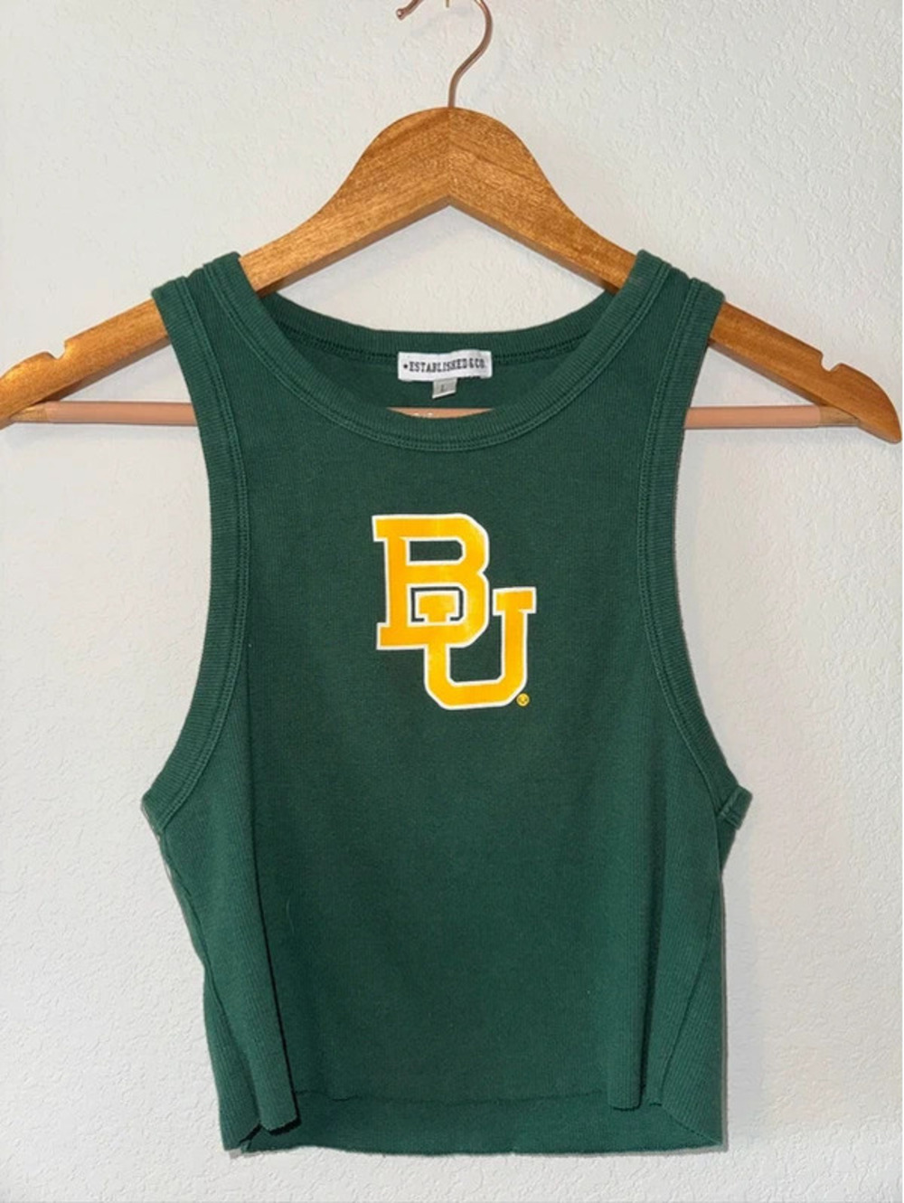 Large Baylor Green Ribbed Cropped Tank Top with BU Logo